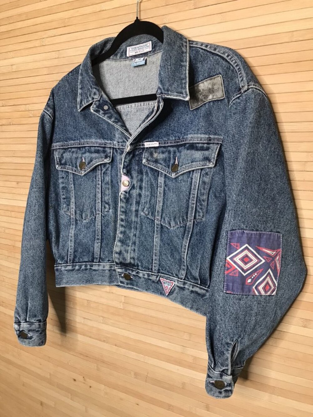Vintage 80s Patchwork Denim Guess Jeans Jacket Size Medium M - Picture 2 of 8